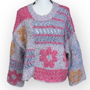 moon & madison Patchwork Floral Knit Sweater V-Neck Pink Blue Orange Women's‎ S